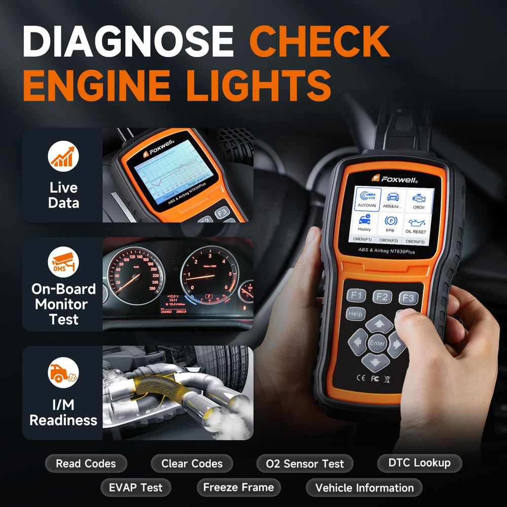 FOXWELL NT630 Plus held in hand for scale, compact and portable diagnostic tool