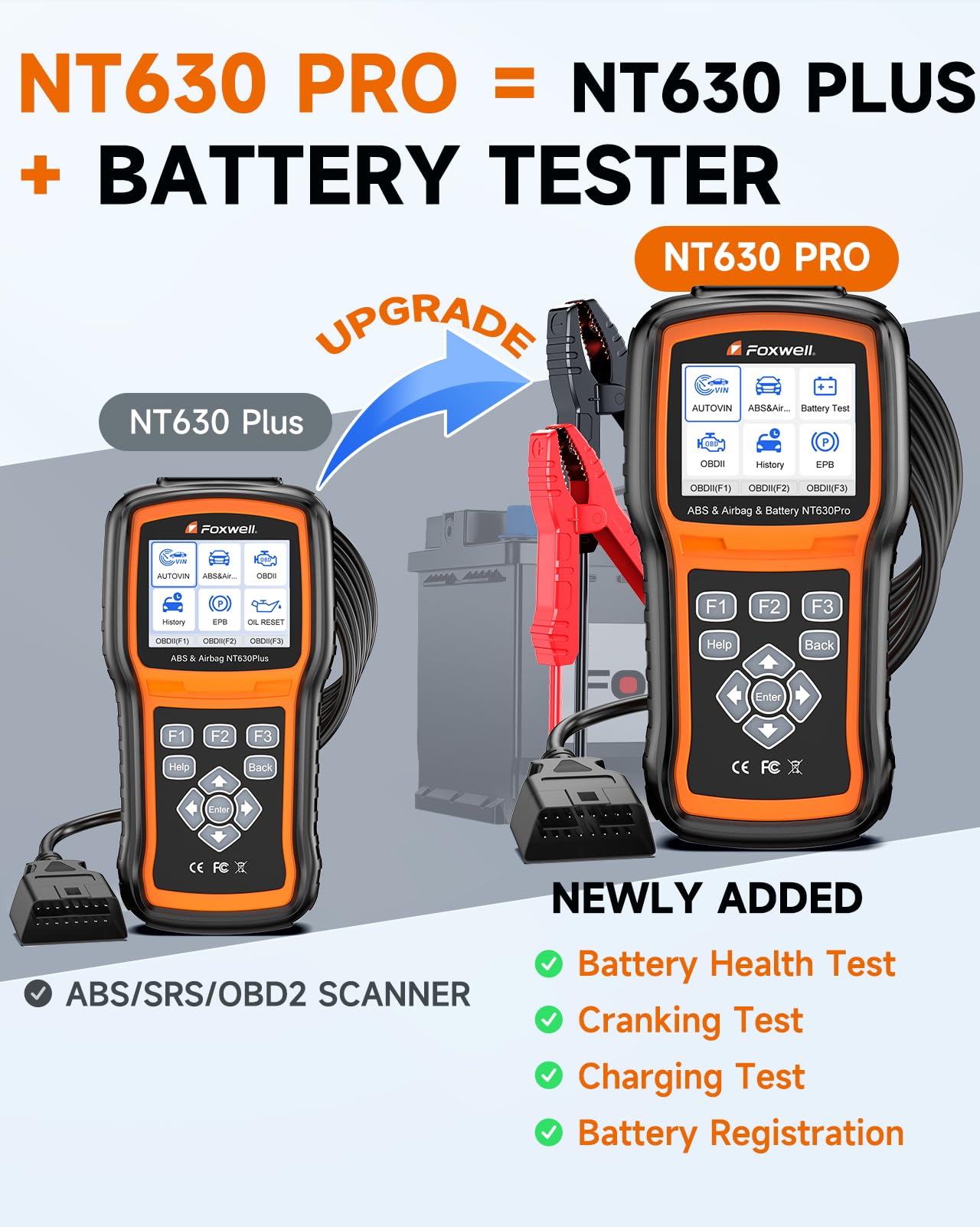 FOXWELL NT630 Pro clamps and cables connected for accurate battery testing