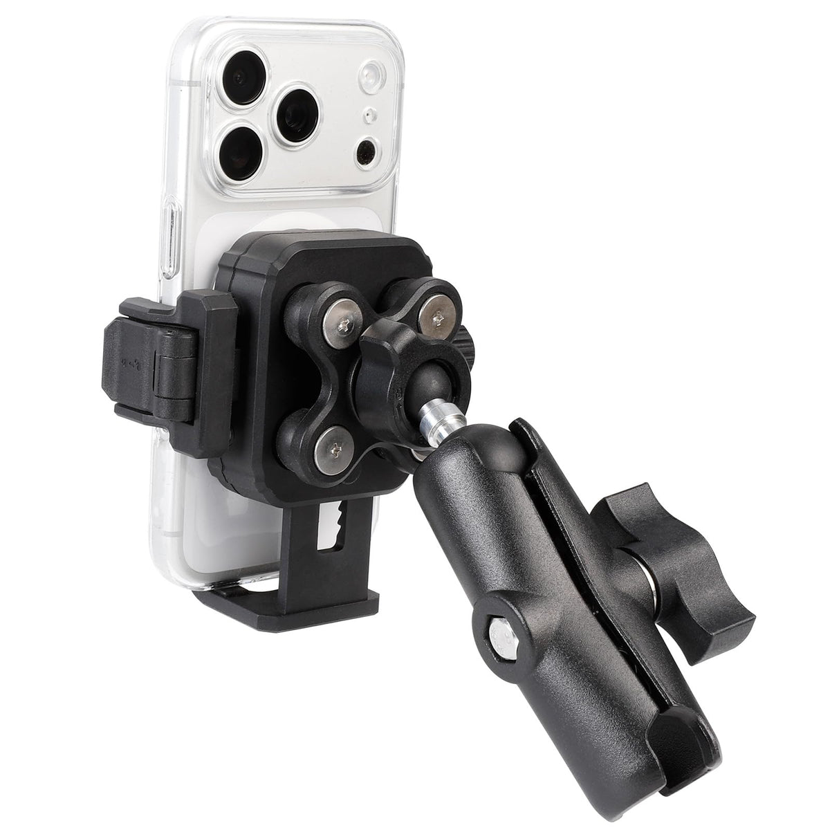 FPN front view phone holder showing clamp and open-frame benefit