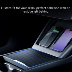 frani installed center console wrap in Tesla interior showing aesthetic upgrade