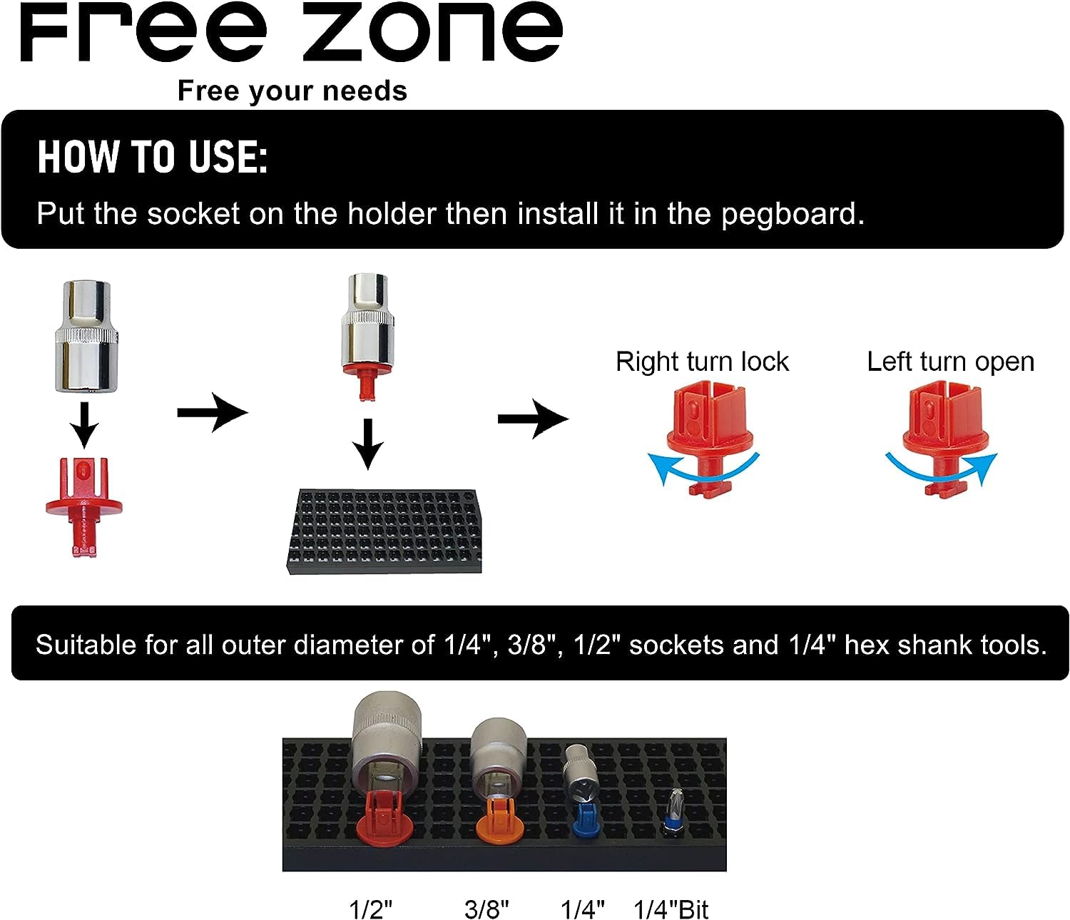 FREE ZONE close-up of hole retention holding a 1/4" bit securely to prevent drops