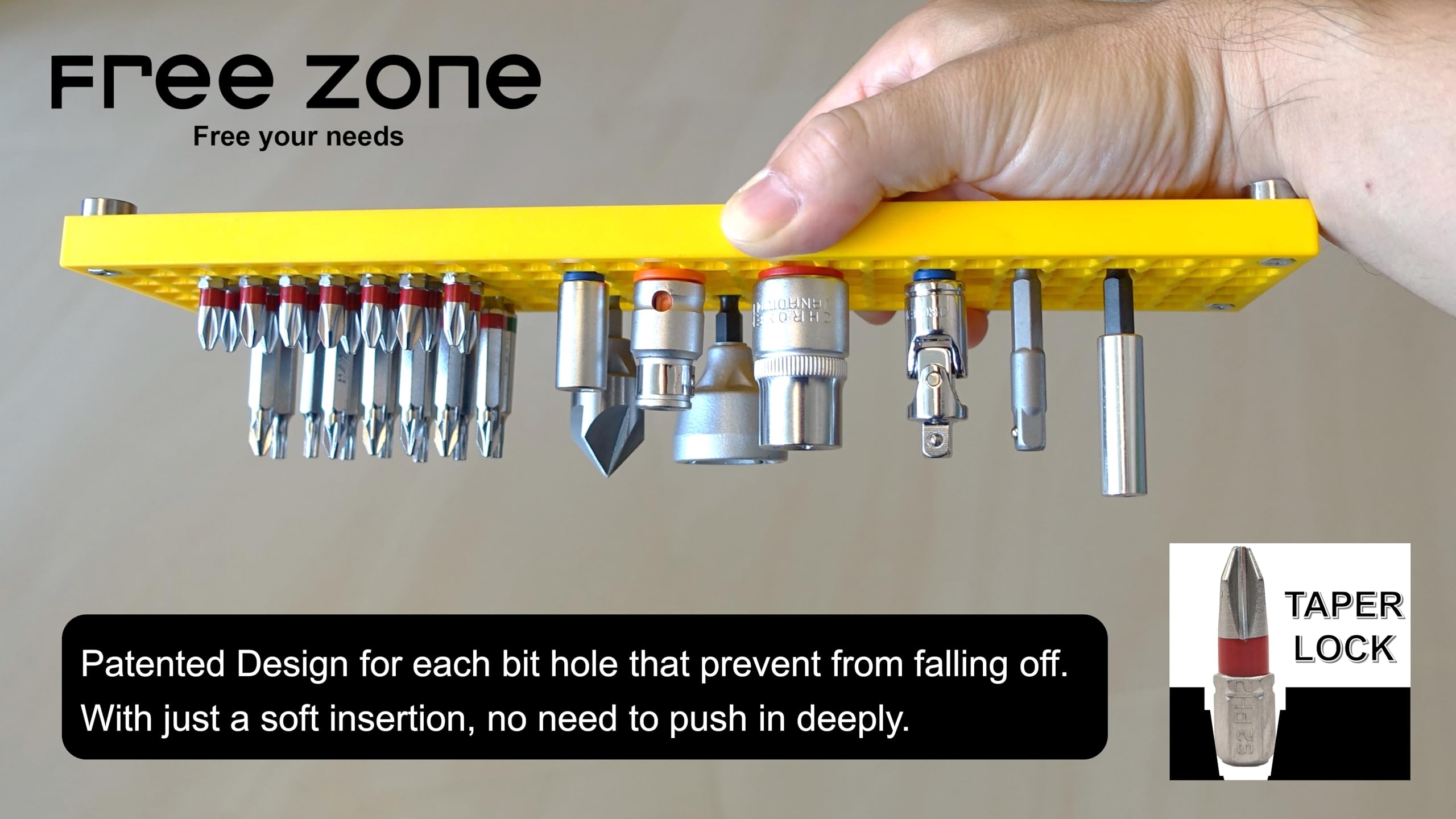 FREE ZONE close-up of molded label and patent detail highlighting secure design benefit