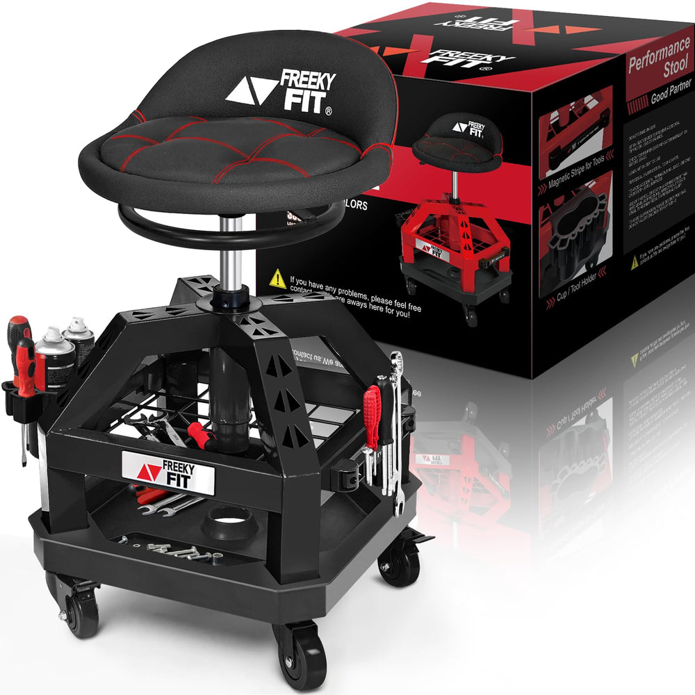 FreekyFit front view of stool showing sturdy frame and black finish benefit organized workspace