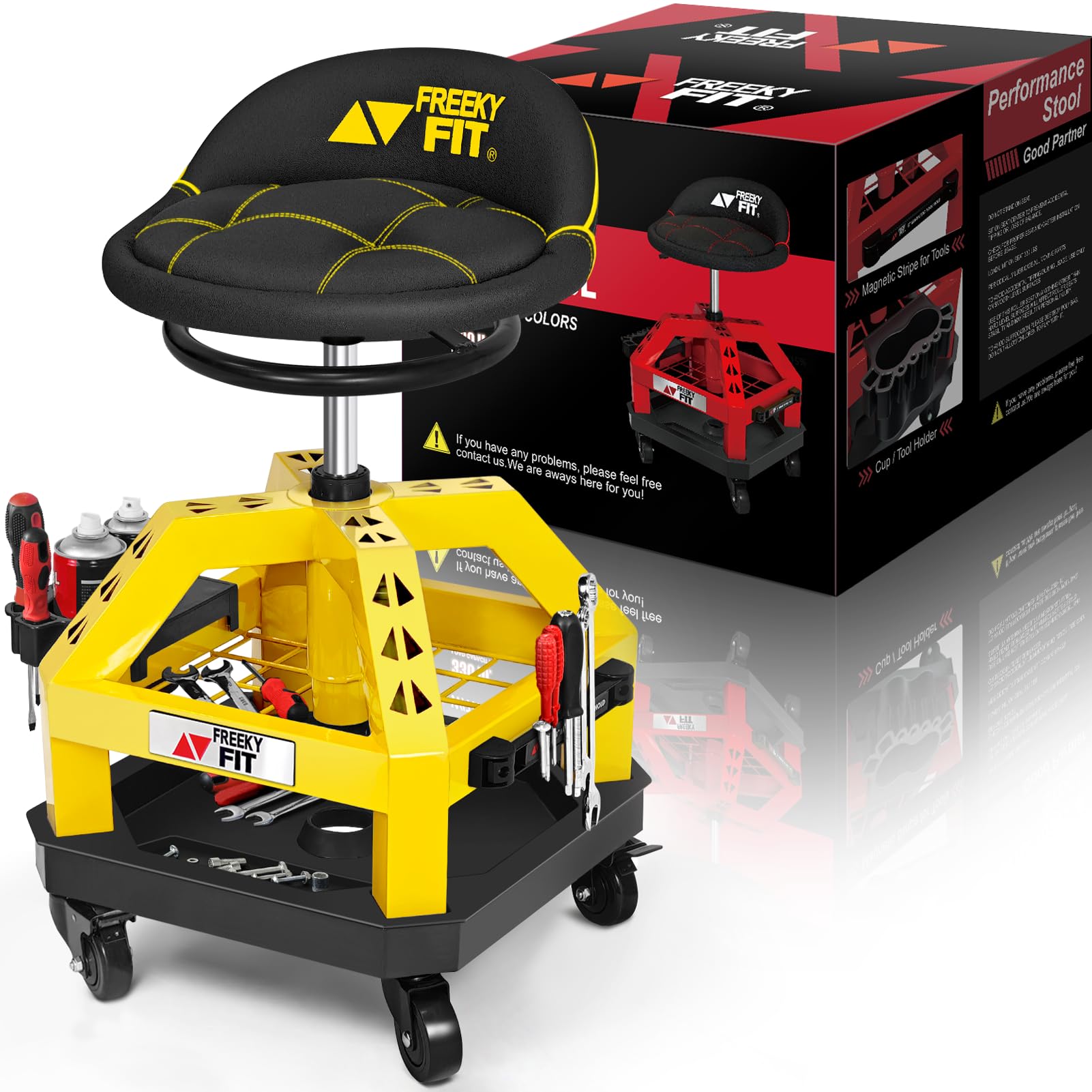 FreekyFit front view of rolling shop stool showing stability and storage benefits