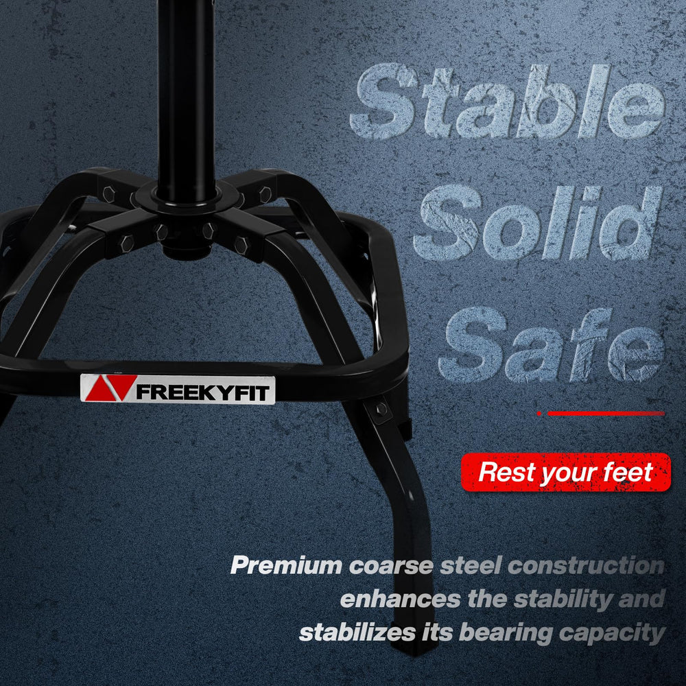 FreekyFit stool rotating in a garage to show 360° mobility benefit