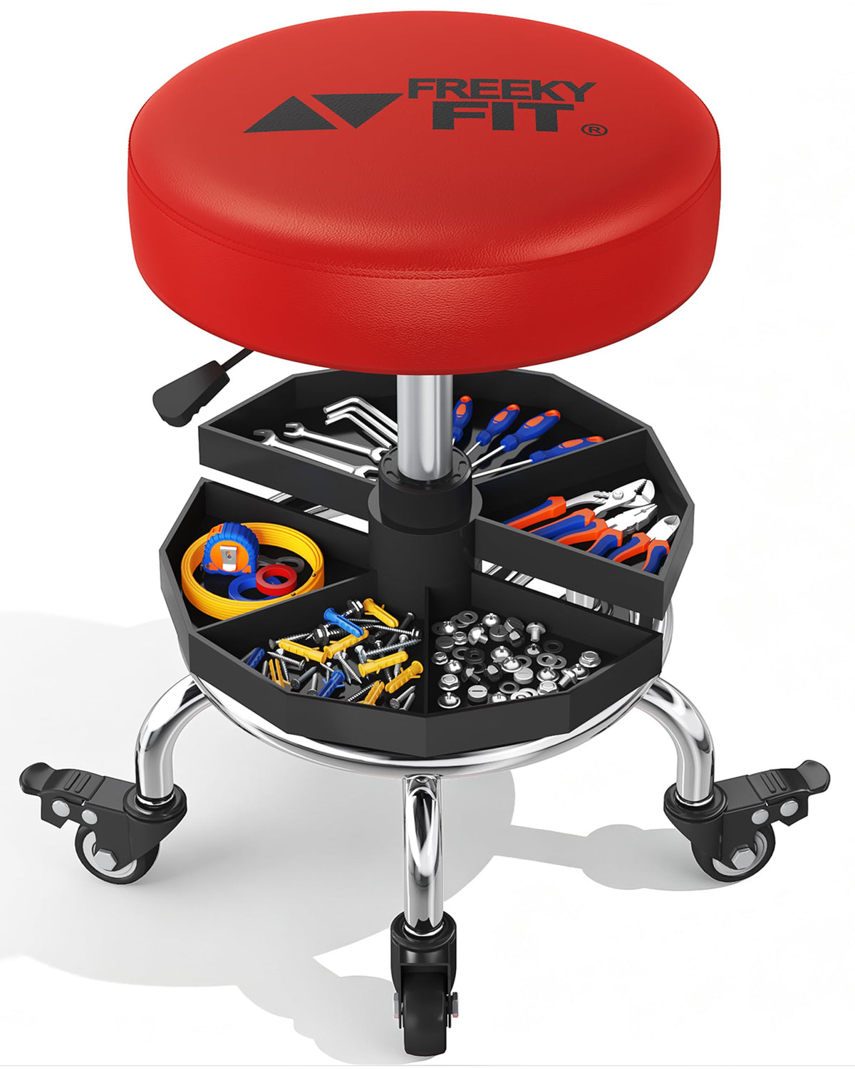 FreekyFit stool front view showing compact design and red seat for easy access