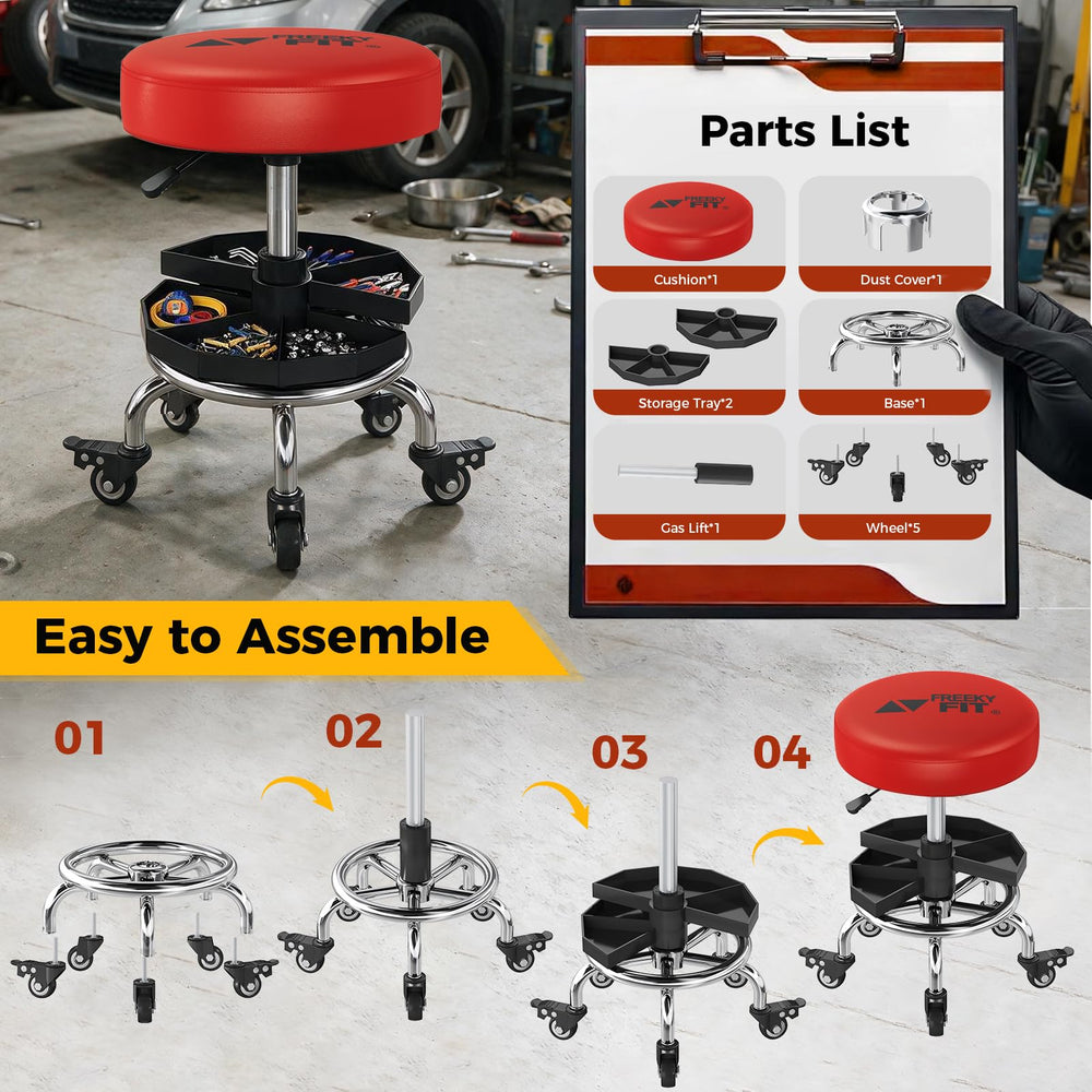 FreekyFit stool in garage setting demonstrating mobility and workshop fit