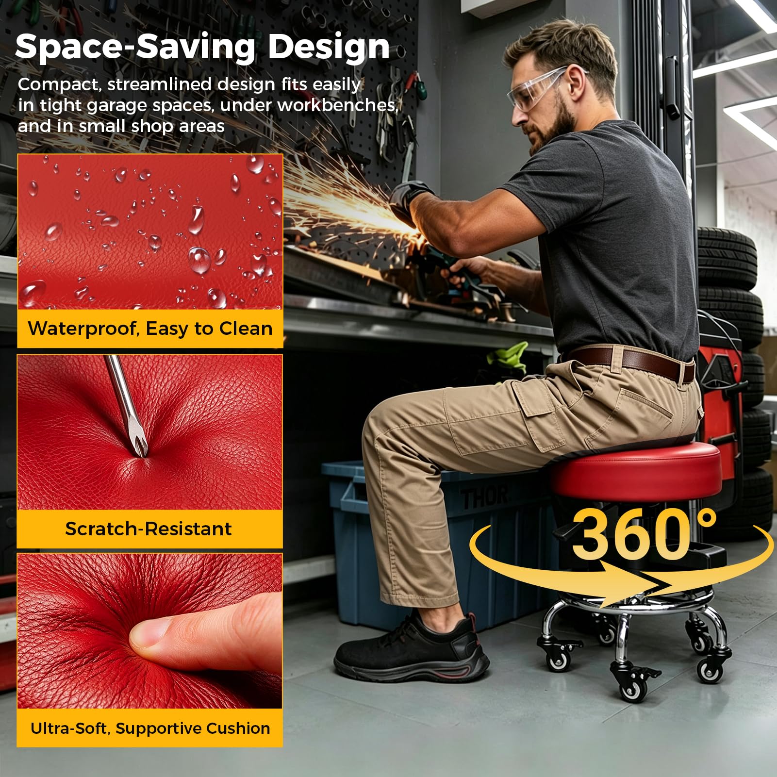 FreekyFit under-seat rotating tray open, organized tools within reach benefit