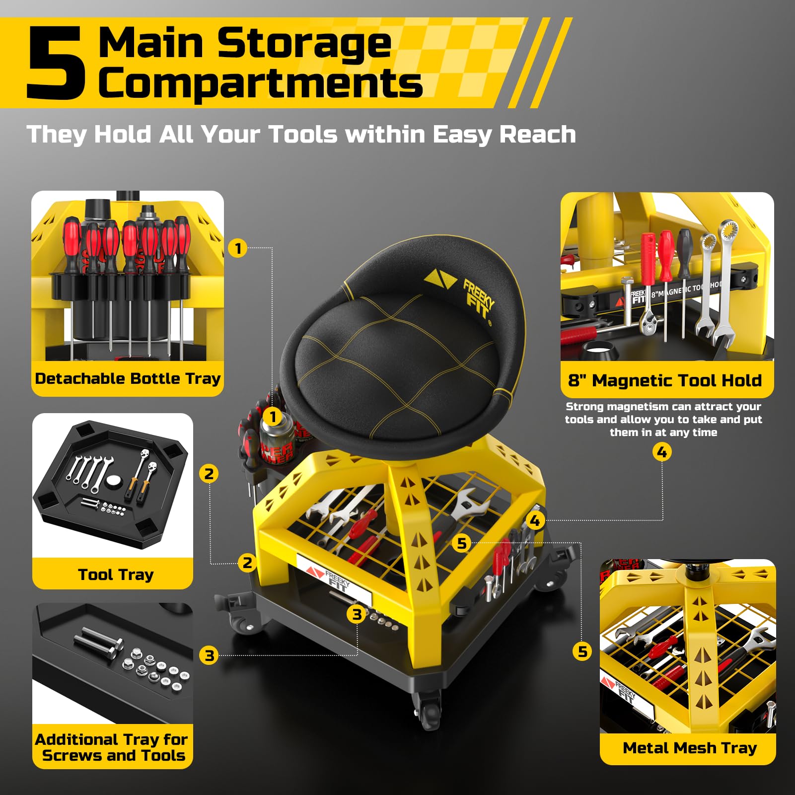 FreekyFit under-seat dual tool trays keeping parts organized and reachable
