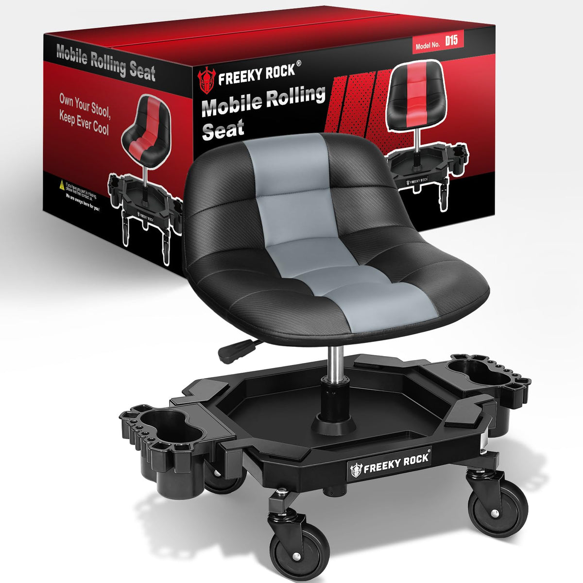 FREEKYROCK front view mechanic stool showing sturdy seat and mobility benefit