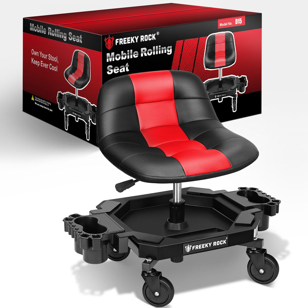 FREEKYROCK front view of red rolling mechanic stool showing compact design and storage