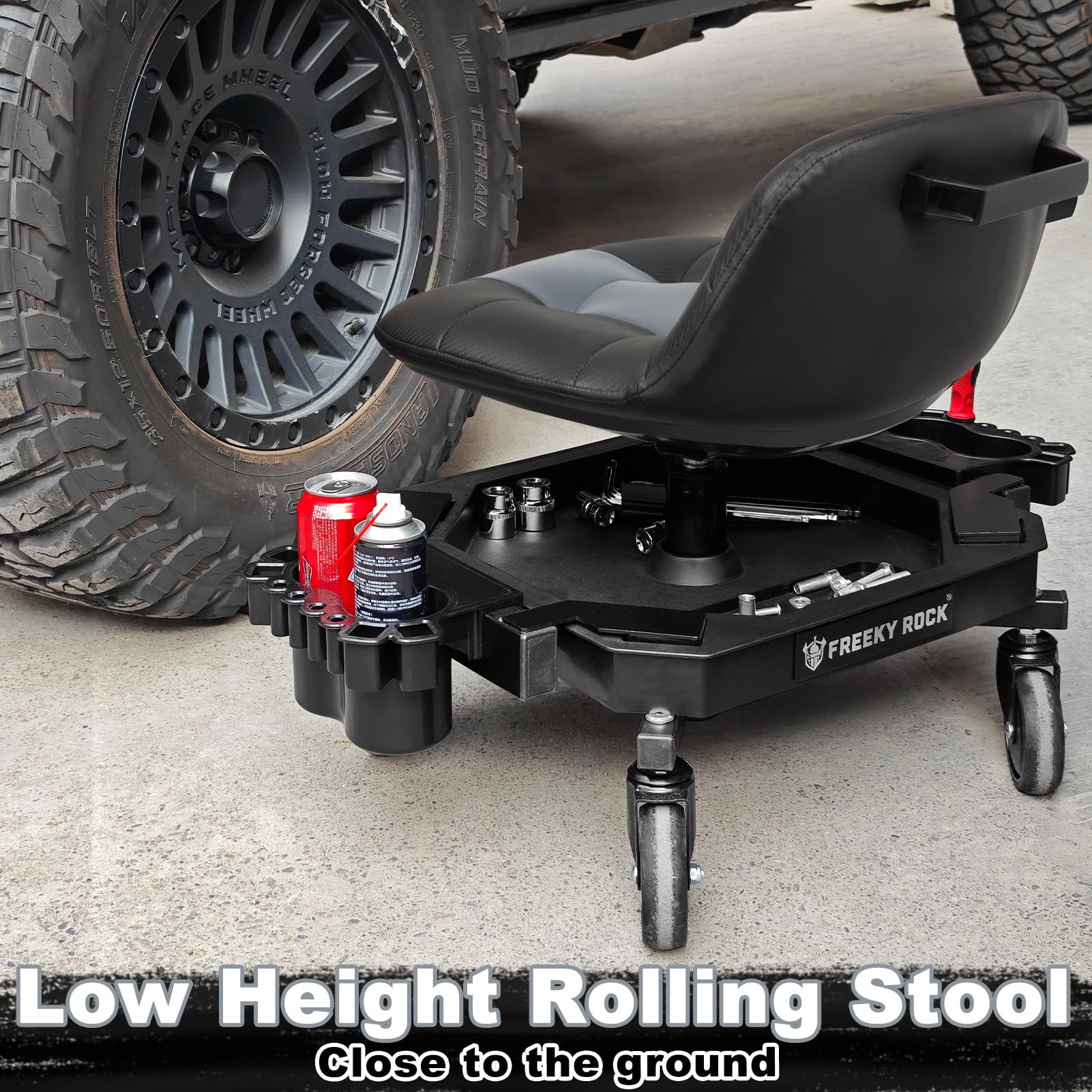 FREEKYROCK in a garage setting with mechanic using stool showing workflow benefit