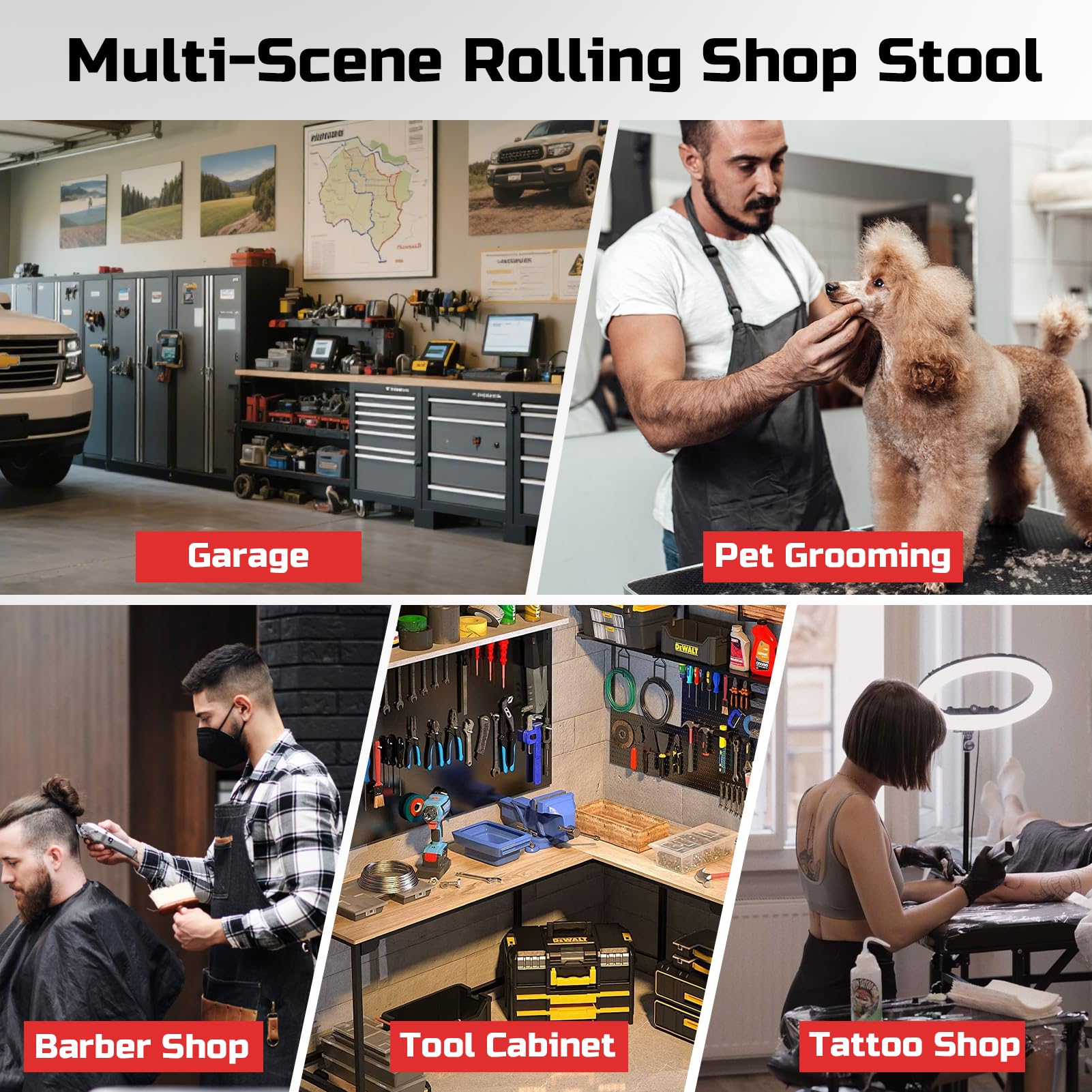 FREEKYROCK stool in a garage lifestyle scene showing organized, reachable tools