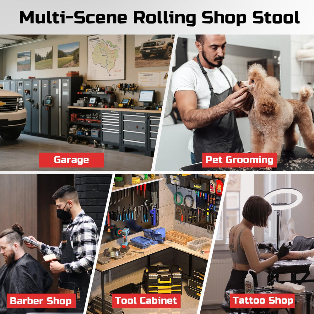 FREEKYROCK stool in a garage lifestyle scene showing organized, reachable tools