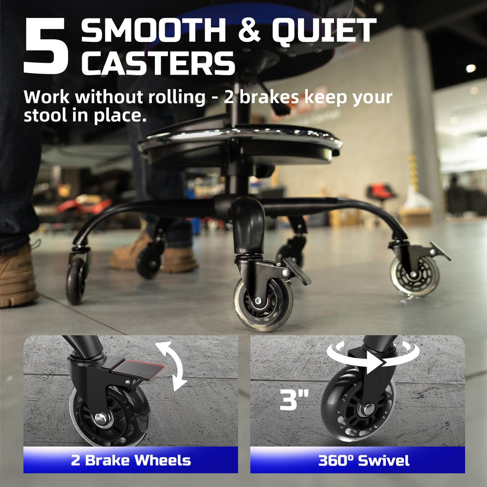 FREEKYROCK stool beside garage workbench showing mobility and accessibility