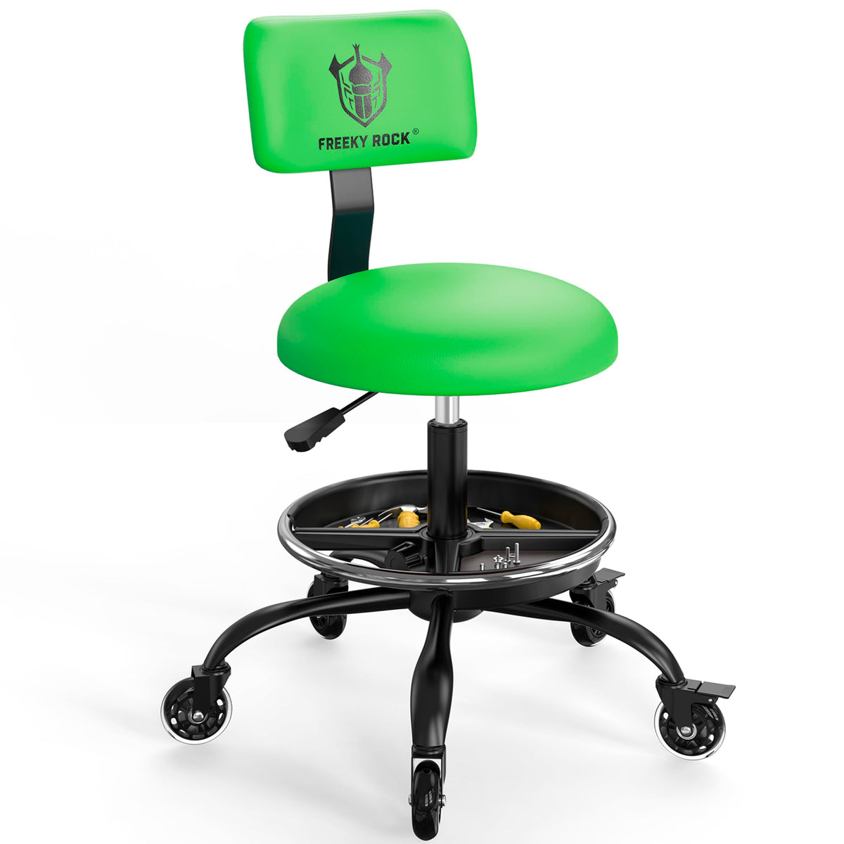 FREEKYROCK front view of green rolling shop stool showing full profile and usability