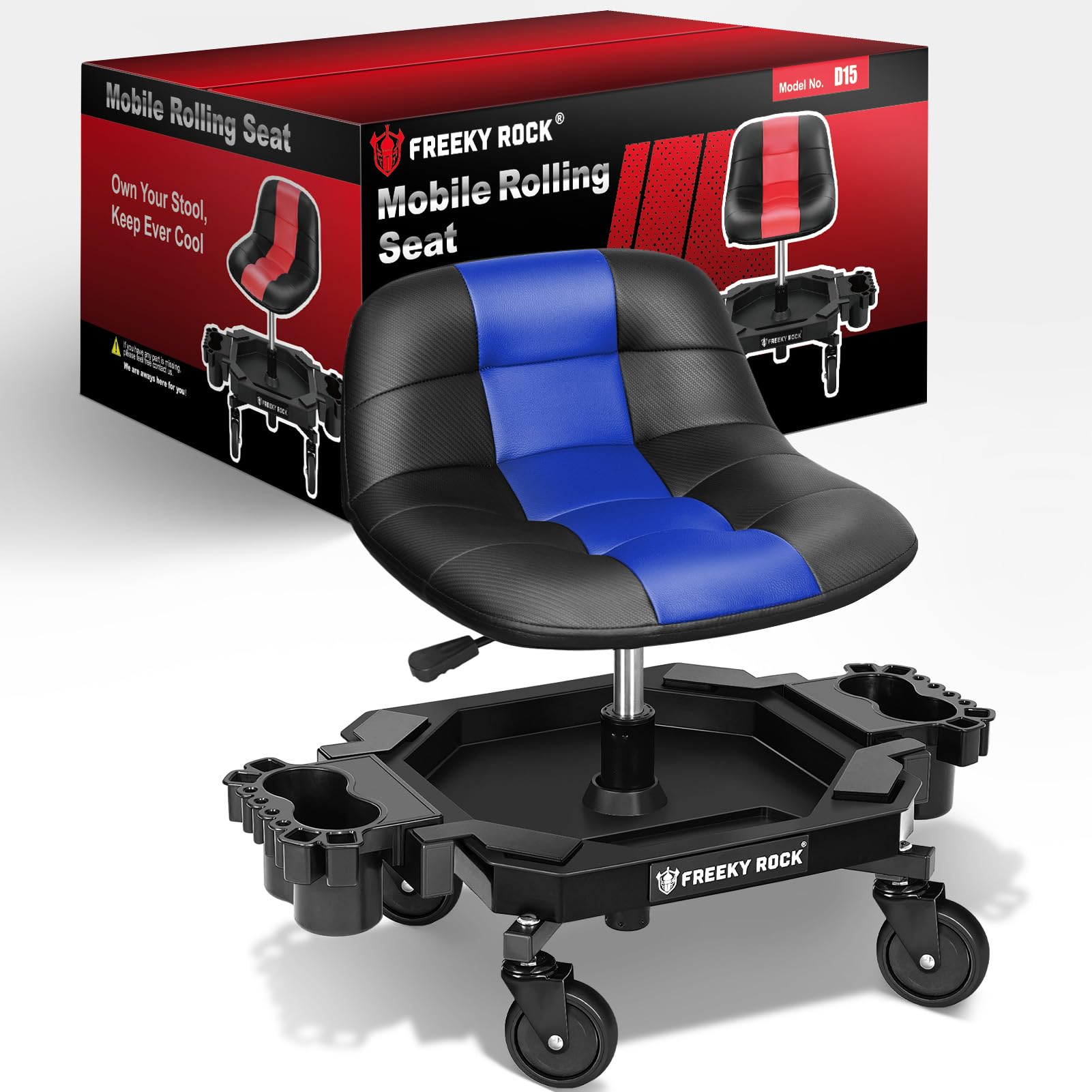 FREEKYROCK front view showing compact stool and organized tool tray benefit