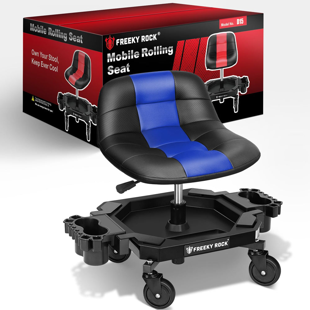 FREEKYROCK front view showing compact stool and organized tool tray benefit