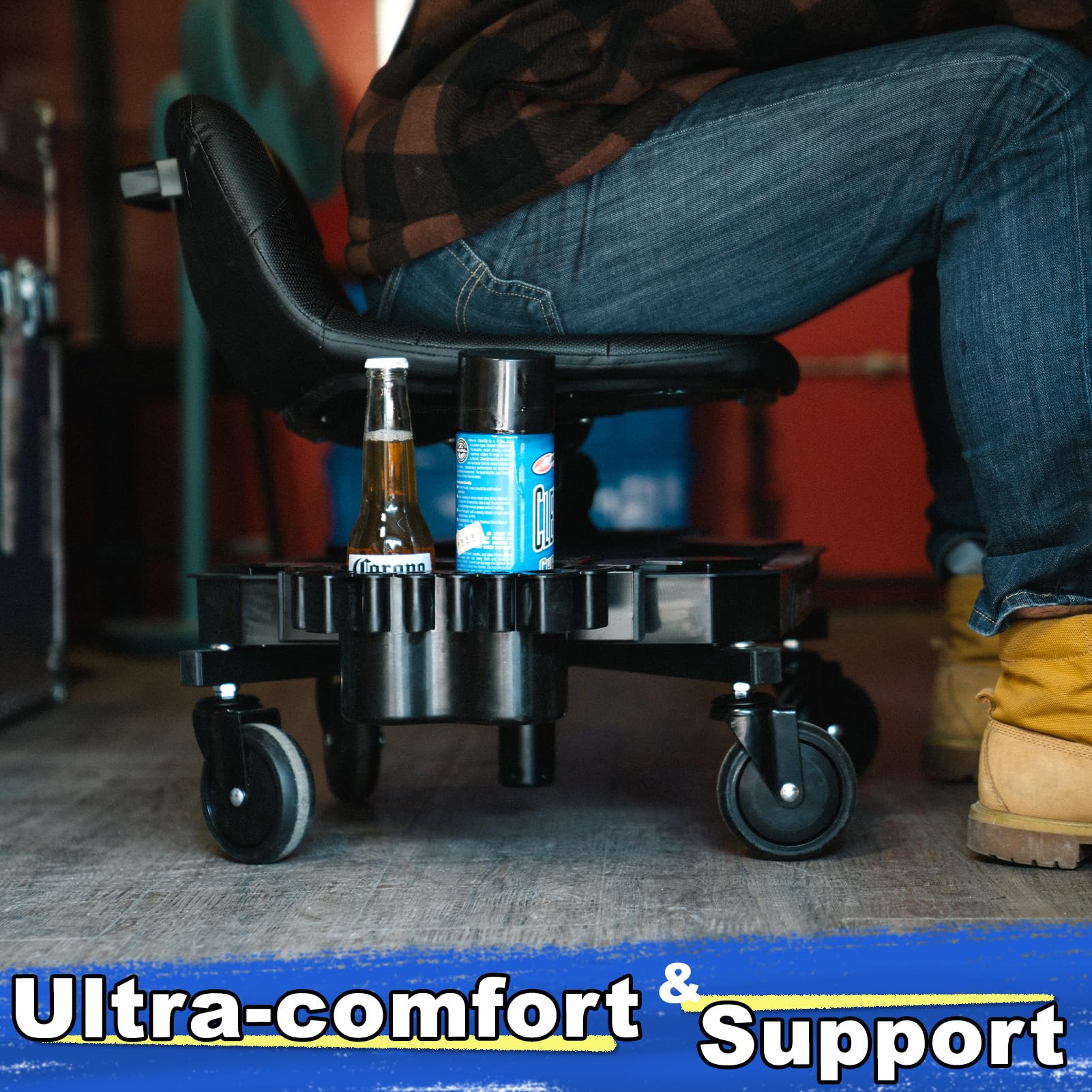 FREEKYROCK stool next to car in garage showing real-world workshop use