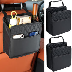 FrgKbTm front view of hanging bag showing pockets and sleek black finish, protects seats