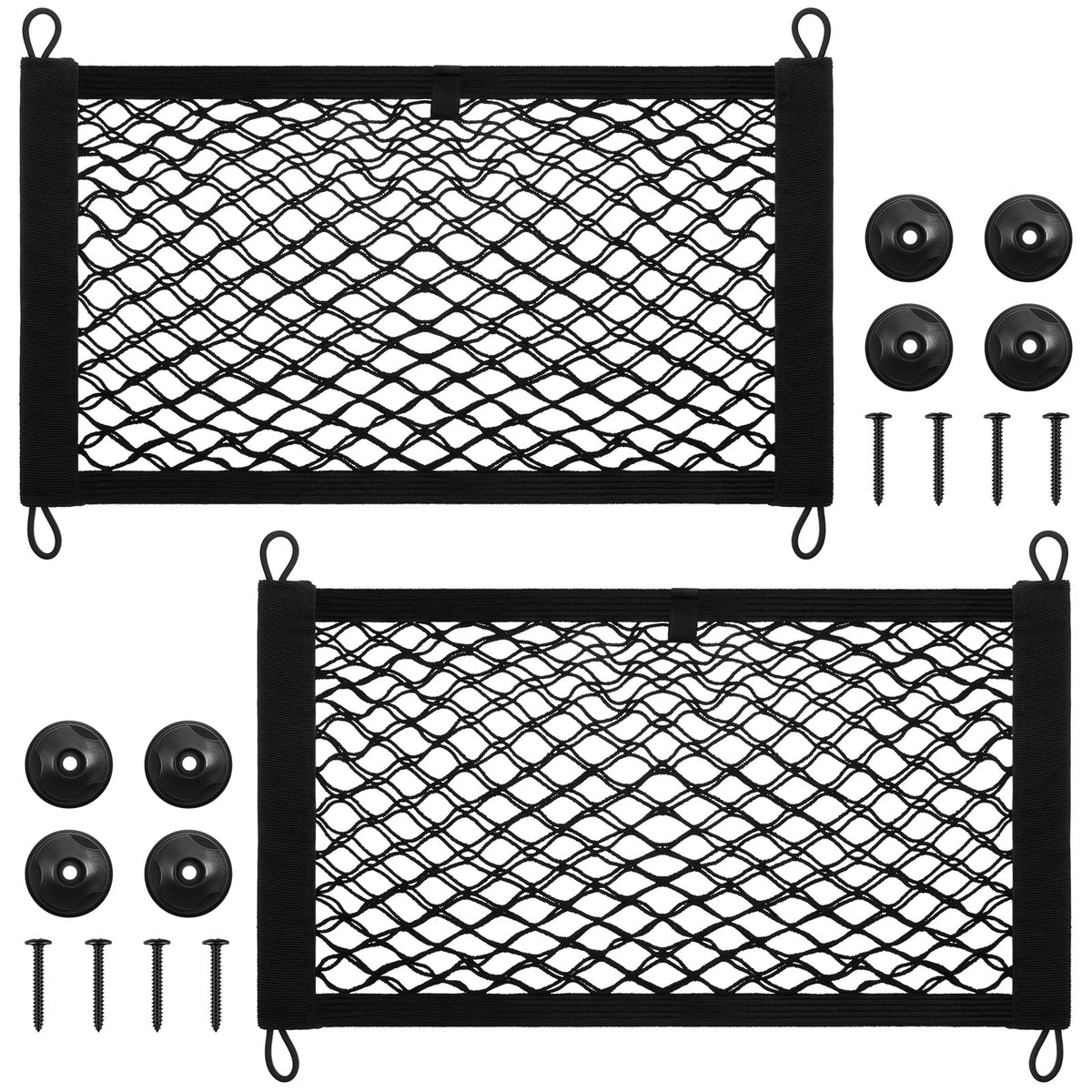 Frienda front view of two small cargo nets showing compact package and hooks included