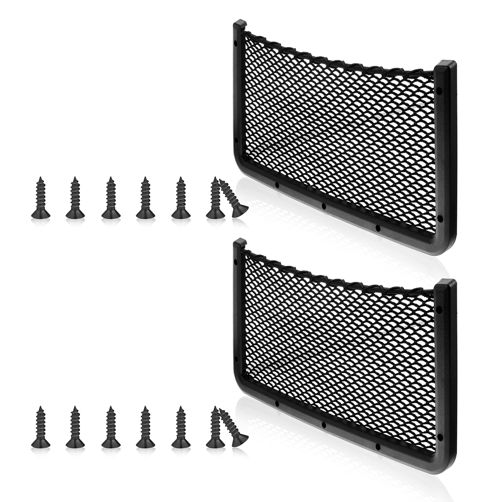 Frienda front view of two framed mesh pockets showing compact storage benefit