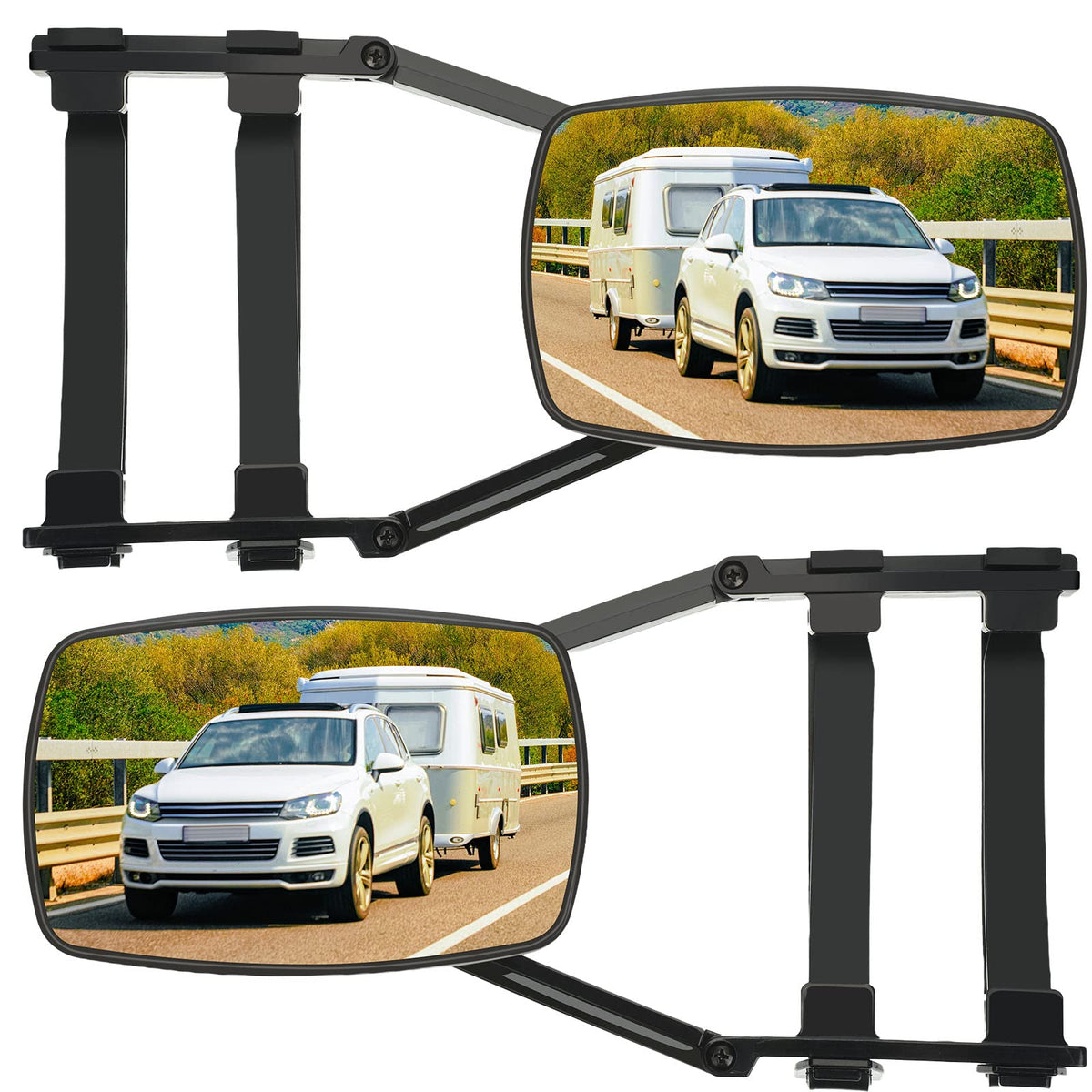 Frienda front view of clip-on towing mirror extender showing wider view