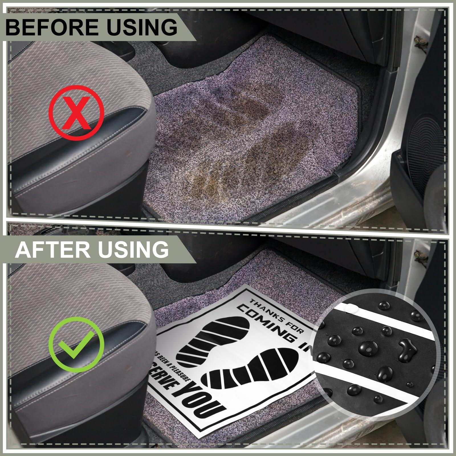 Frienda mat placed in vehicle footwell protecting carpet from dirt