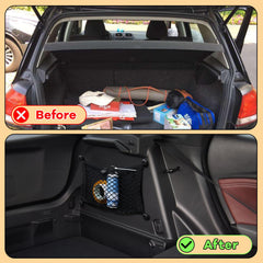 Frienda cargo net fixed to car trunk side holding tools and supplies neatly