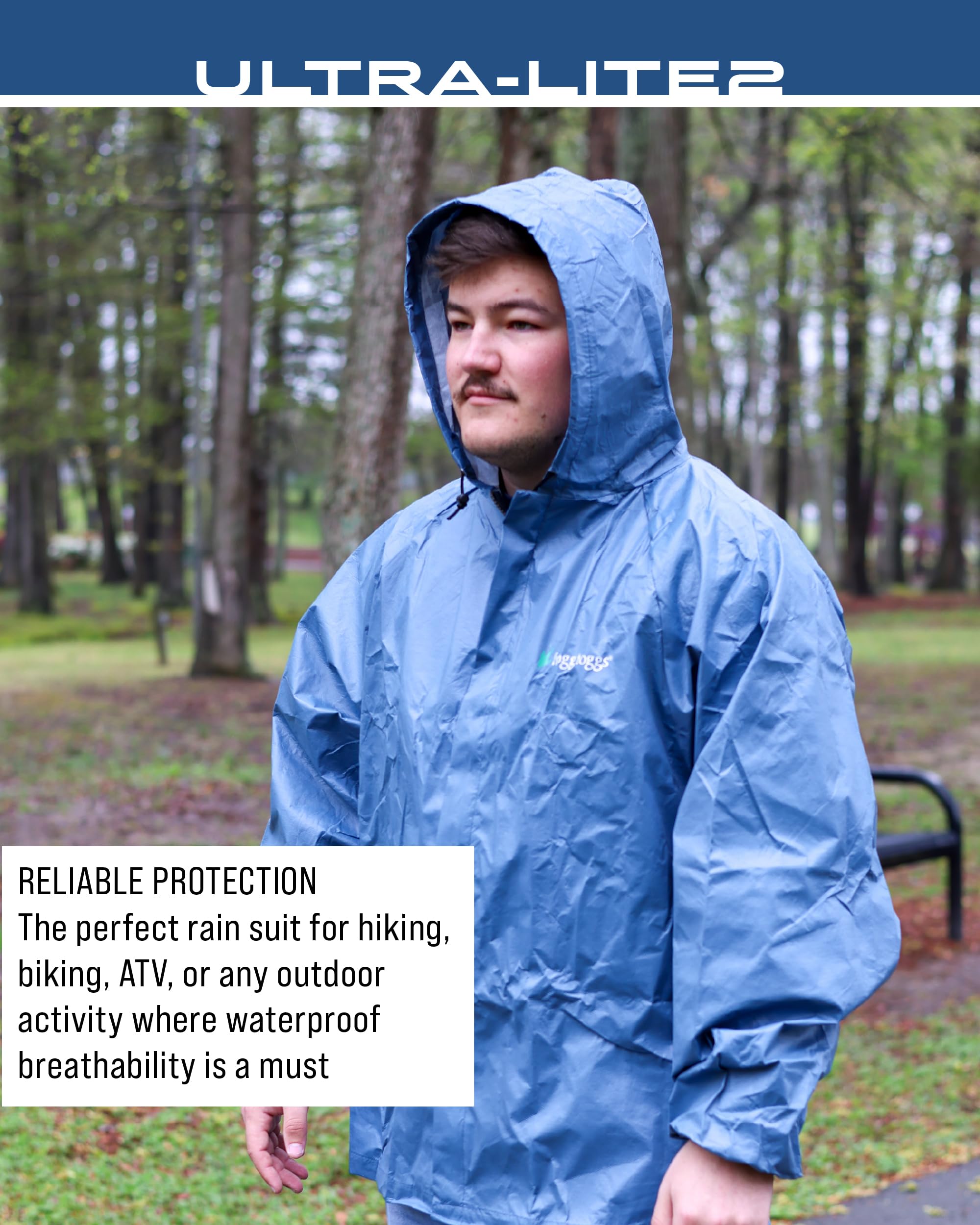 FROGG TOGGS jacket worn on a trail showing breathable rain protection