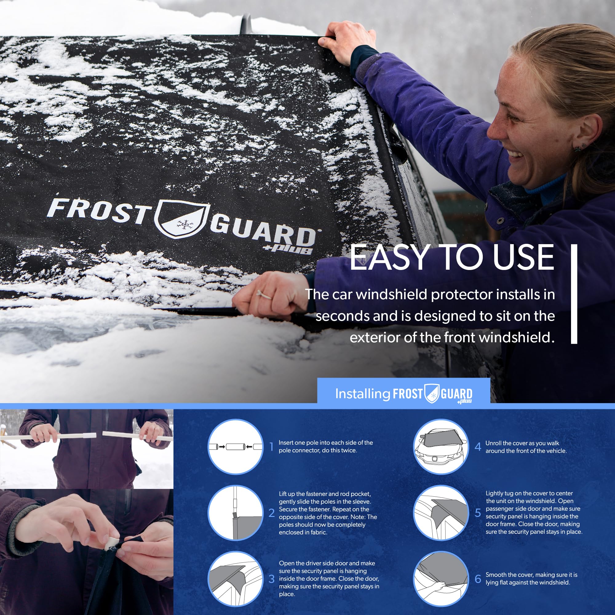 FrostGuard installed on sedan in snowy driveway saving time and preventing scraping