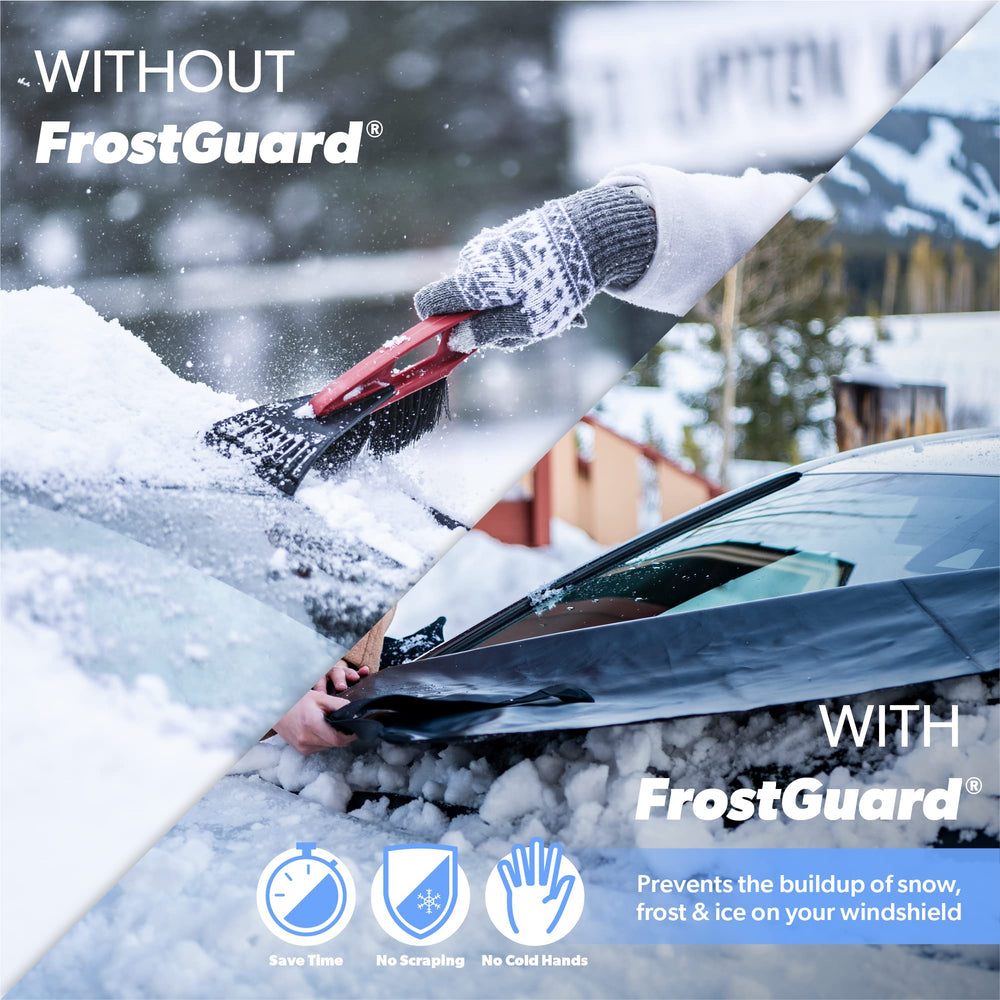 FrostGuard next to measuring ruler showing 59x41-inch fit for standard car windshields