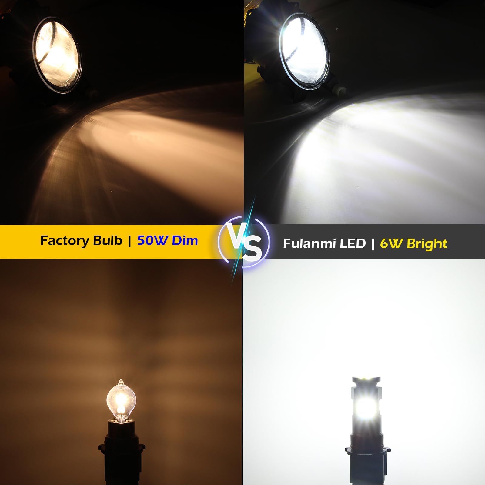 Fulanmi PSX26W beam comparison demonstrating brighter 6000K output benefit