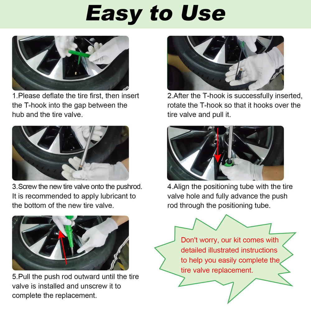 FullMayPro tool in use on a car tire demonstrating fast valve replacement