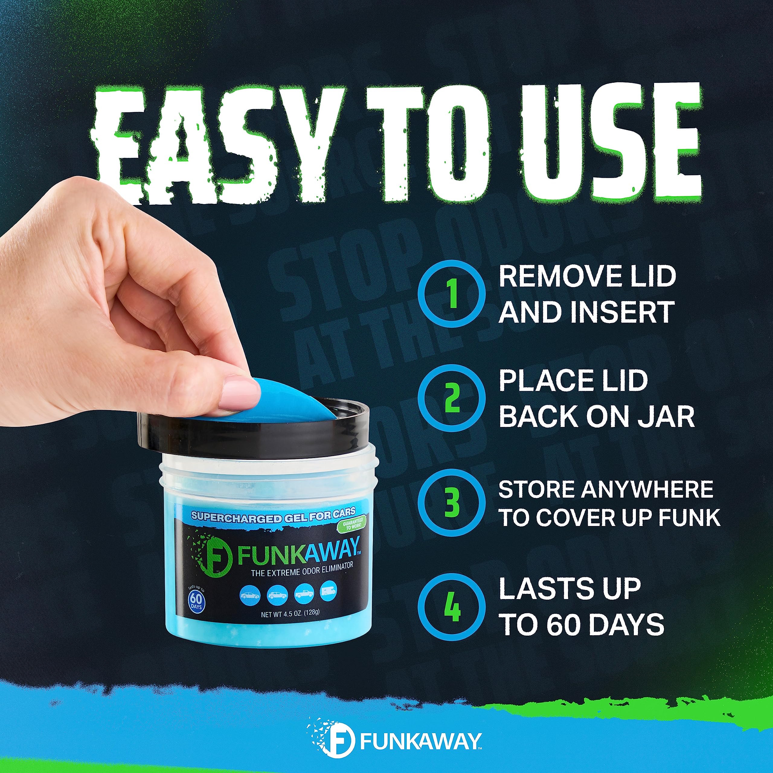 FunkAway positioned in vehicle interior illustrating odor reduction in fabrics