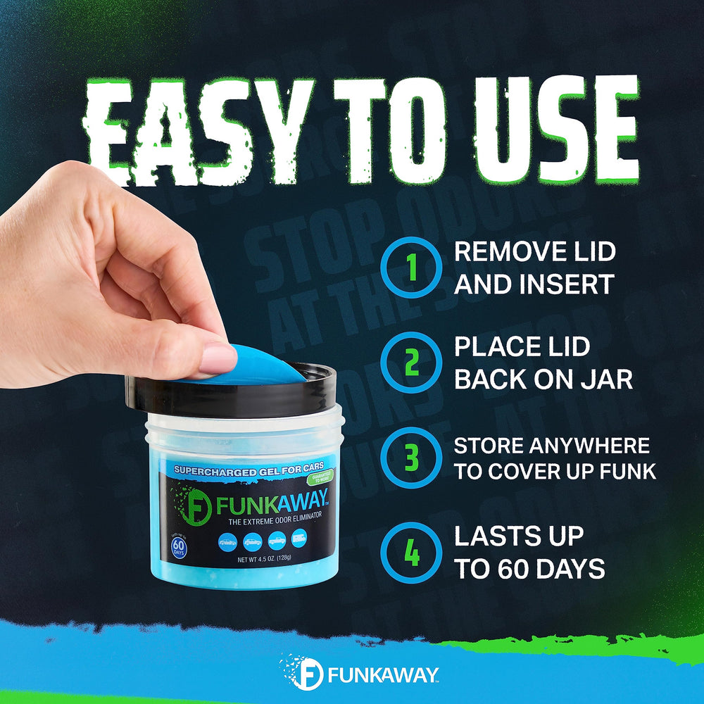 FunkAway positioned in vehicle interior illustrating odor reduction in fabrics