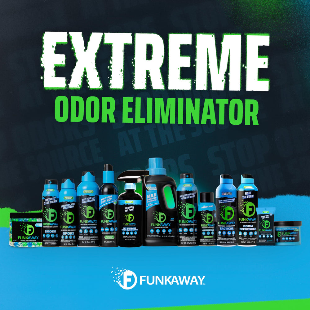 FunkAway in a trunk showing use on stored items to reduce musty smells
