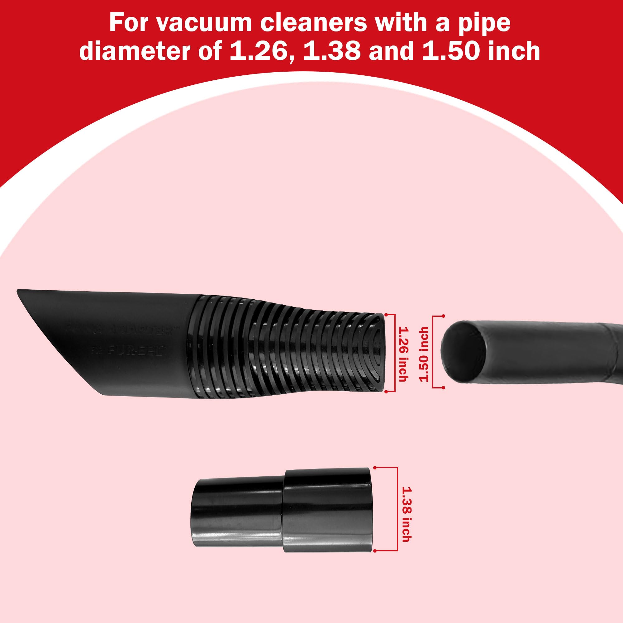 FUR-EEL PRO 2.0 connected to a round vacuum hose via adapter, demonstrating fit