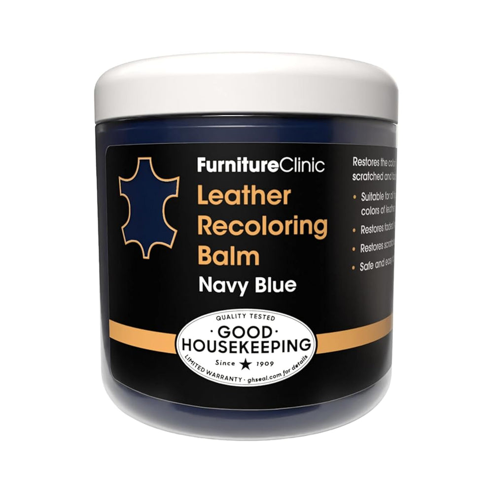 Furniture Clinic balm front jar showing navy blue color and brand, easy restoration