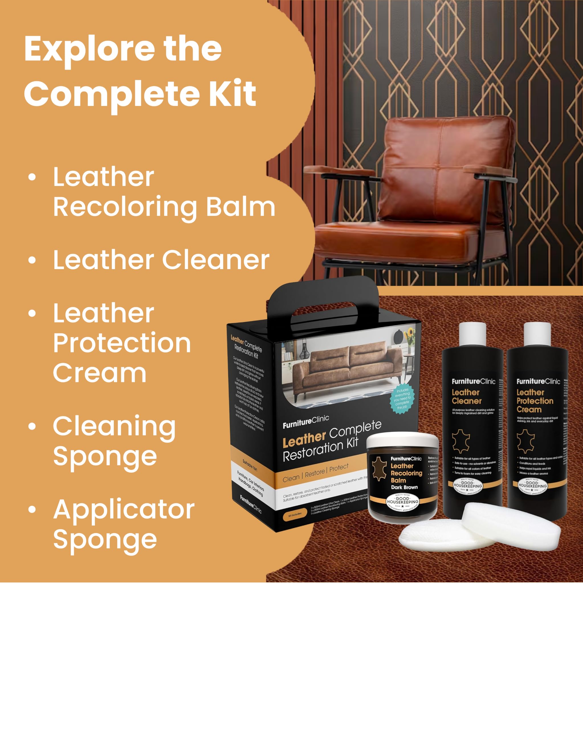 Furniture Clinic balm used in a living room, renewing a navy leather couch beautifully