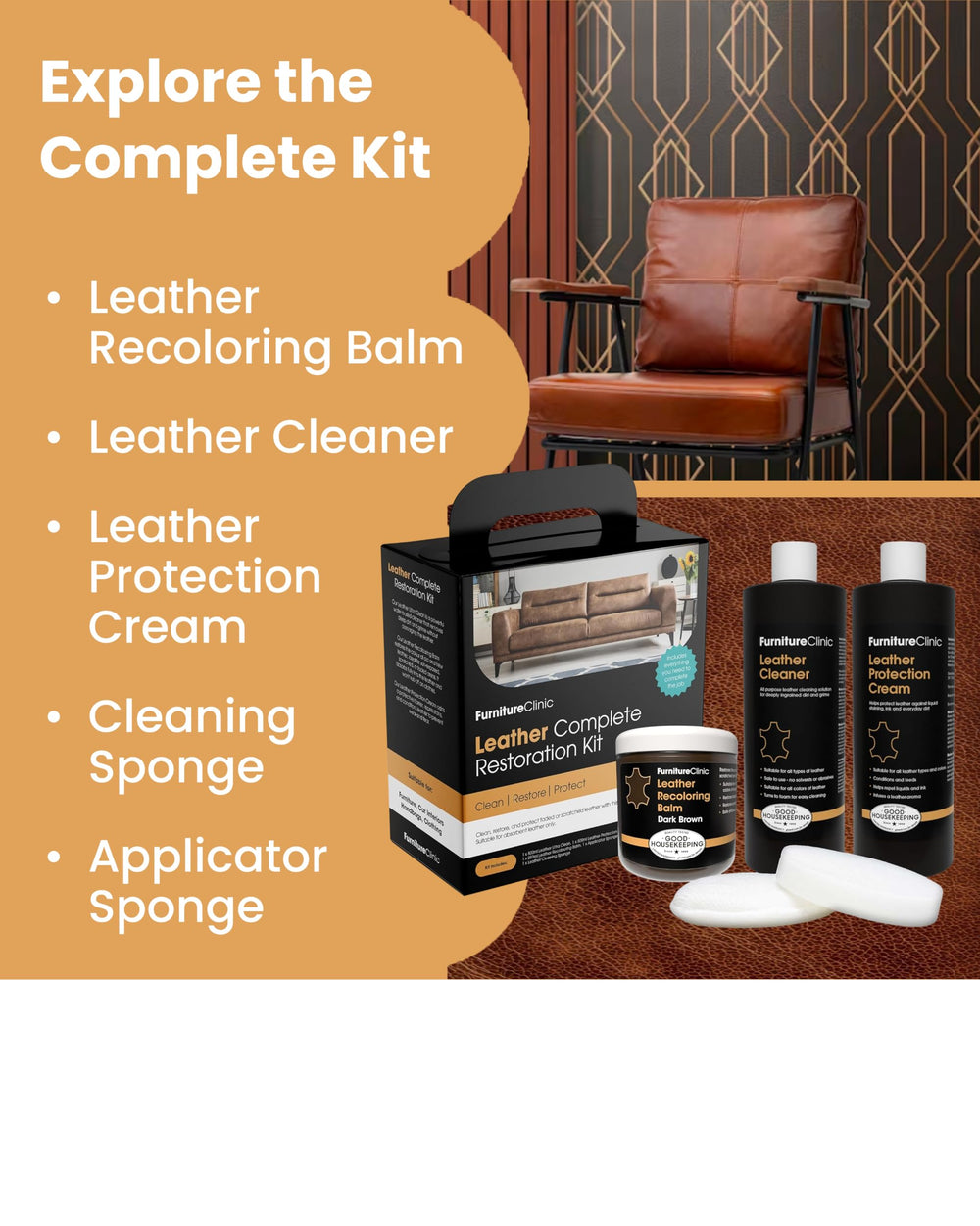 Furniture Clinic balm used in a living room, renewing a navy leather couch beautifully