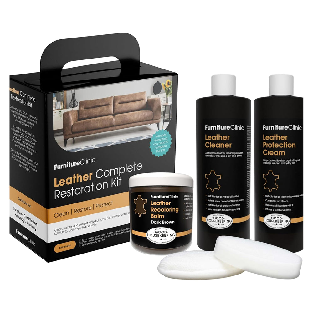 Furniture Clinic front packaging showing full dark brown restoration kit benefits