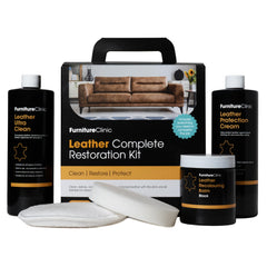 Furniture Clinic kit front packaging showing all five pieces and clear labeling benefit: complete restoration