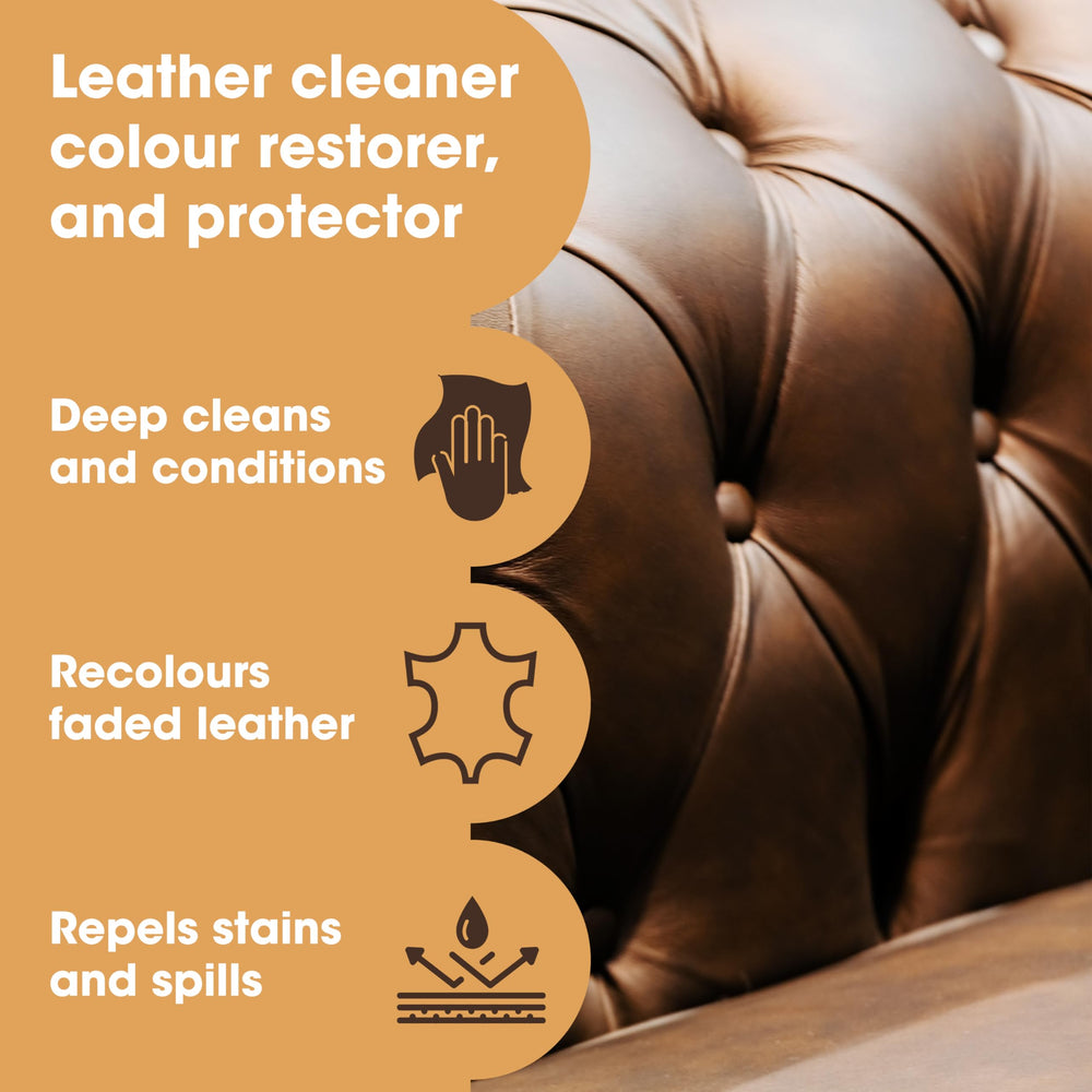 Furniture Clinic leather cleaner bottle close-up removing dirt for deep-clean preparation