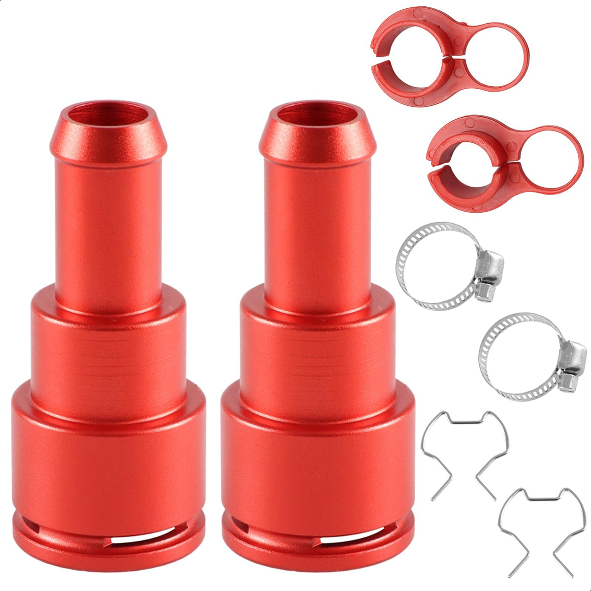 FUSCH front view of two aluminium heater hose connectors showing included parts and benefits