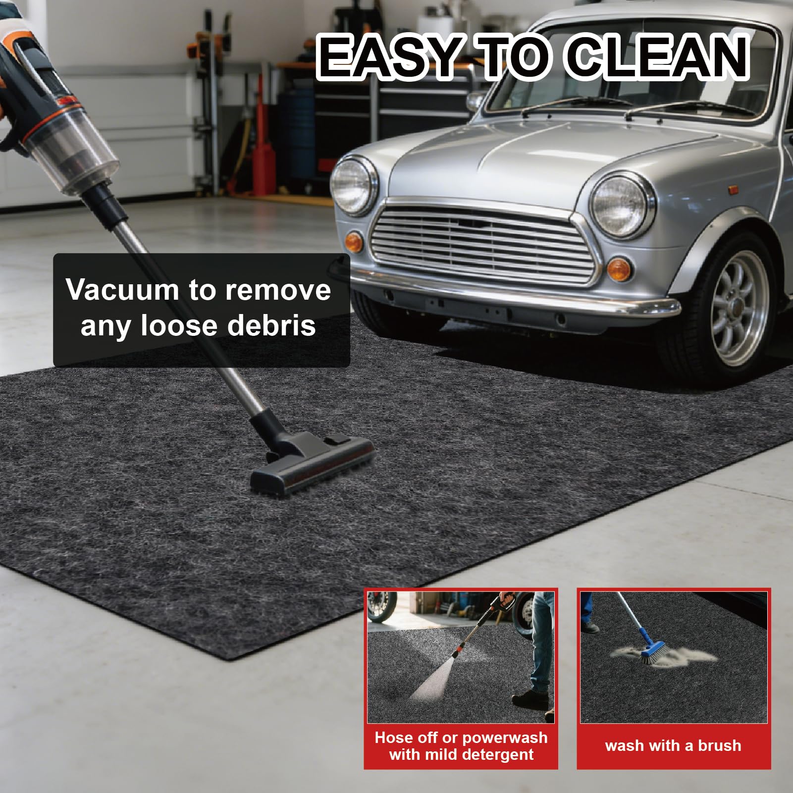 FUZEWANLI mat next to tape measure showing scale and full-bay coverage benefit