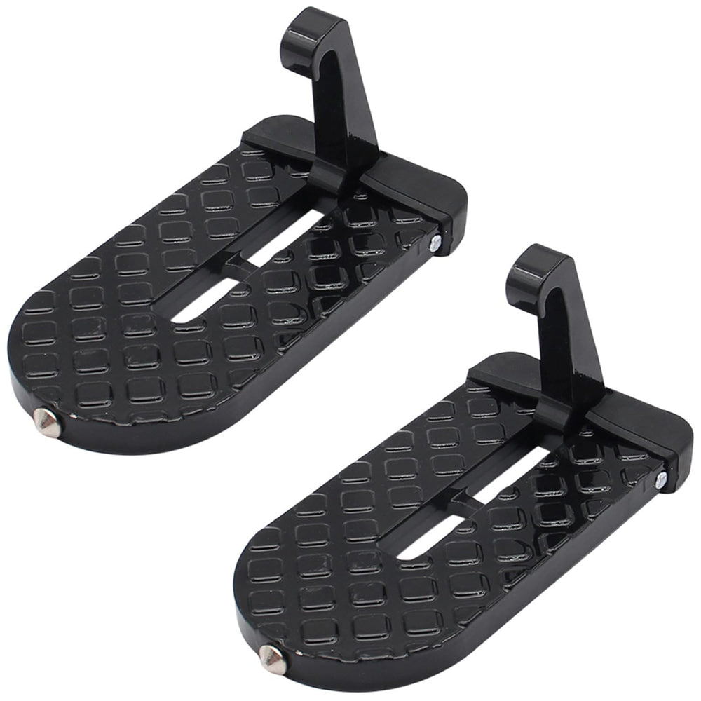 FUZZLUXX front view of two black door steps showing compact pair and benefits
