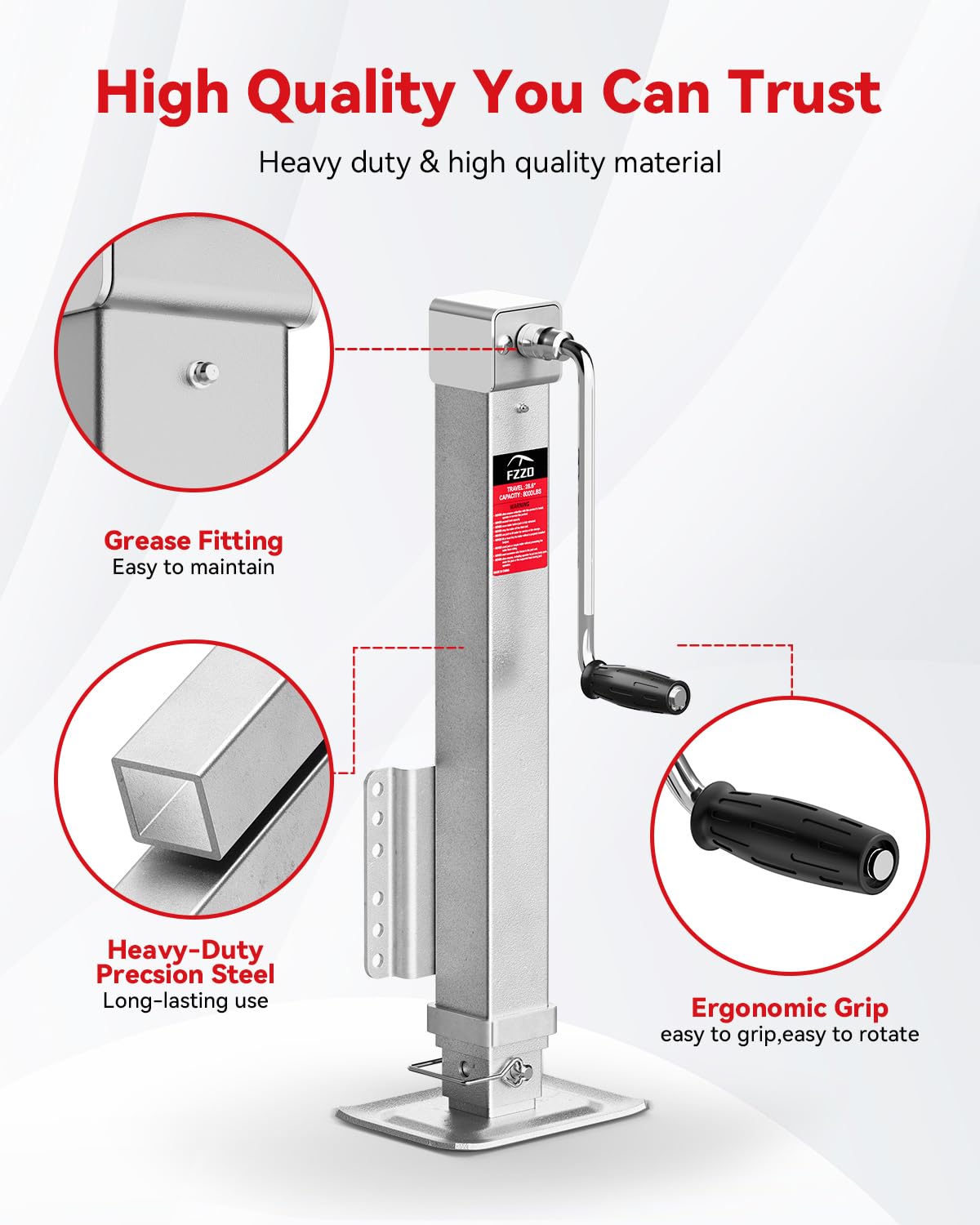 FZZD collapsed jack beside ruler showing 4.7 inch minimum height and compact storage benefit