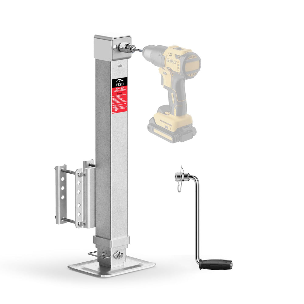 FZZD front-mounted trailer jack showing sturdy tongue attachment and stability benefit