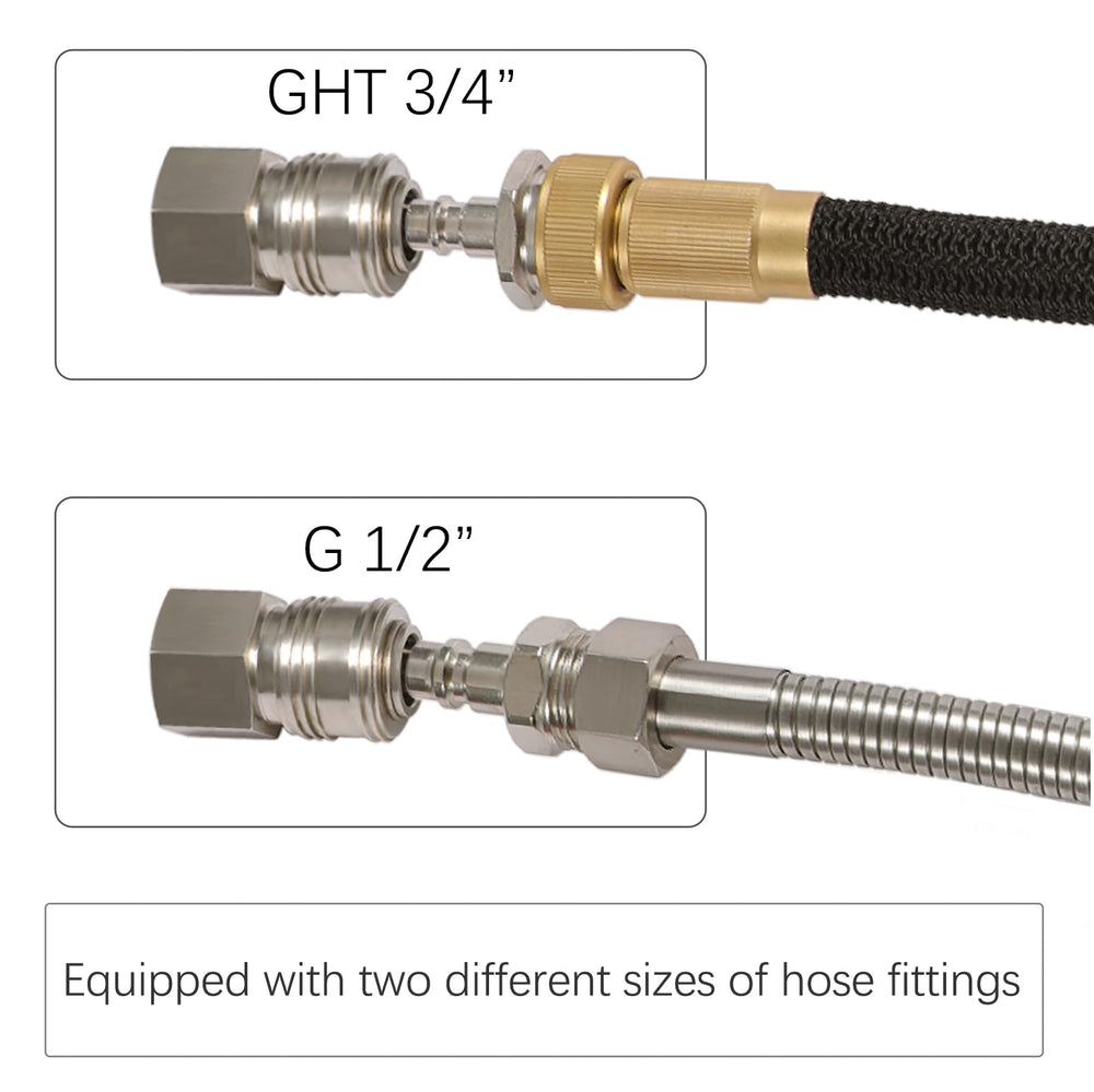 G-Sunny installed on RV exterior faucet illustrating fast, tool-free connection benefit
